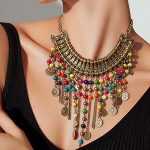 ALDO Boho colorful bronze charms ball chain bib necklace